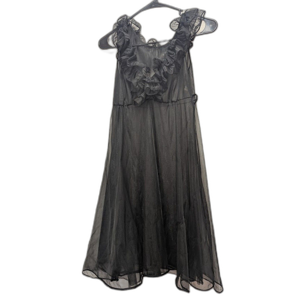 Vintage Grand ISIS Black Sheer Chiffon Babydoll Nightgown Ruffle Sz 34 / XS